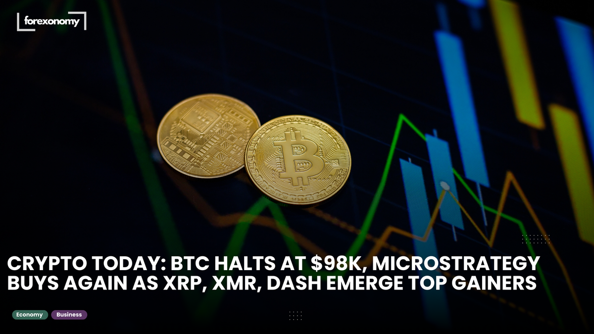 CRYPTO TODAY: BTC HALTS AT $98K, MICROSTRATEGY BUYS AGAIN AS XRP, XMR, DASH EMERGE TOP GAINERS