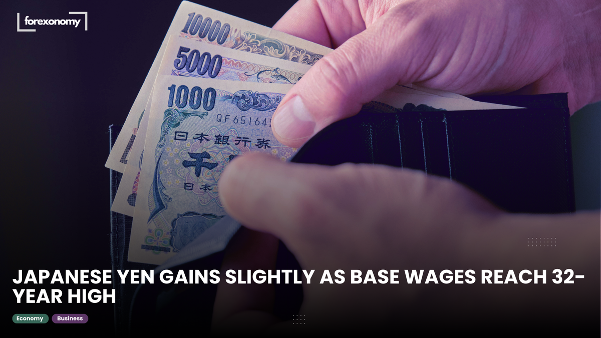 JAPANESE YEN GAINS SLIGHTLY AS BASE WAGES REACH 32-YEAR HIGH